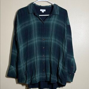 J. Jill Blue Green Plaid Button Tunic Top Shirt Soft Cozy Lined Pockets PM
